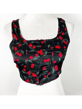 Y2K Corset Style Tank Top black with Red Cherries Cherry Print Size Small